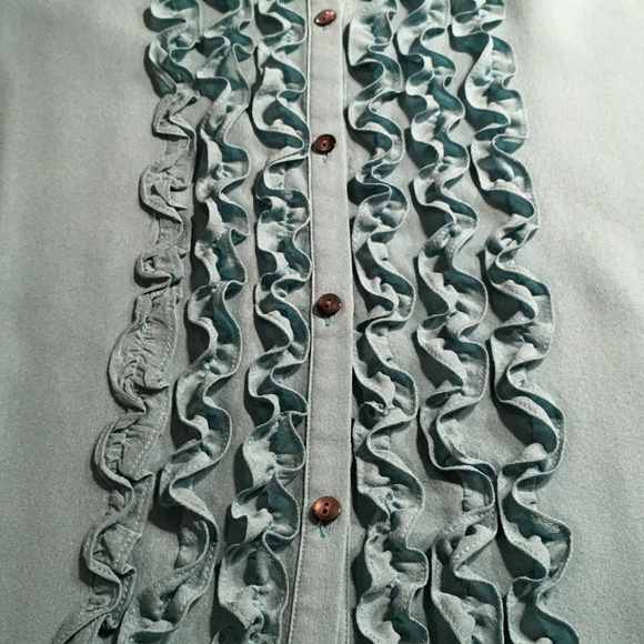 LIZ CLAIBORNE 100% Silk RUFFLE FRONT Blouse, AQUA, NWOT, Size 14 - Picture 7 of 8